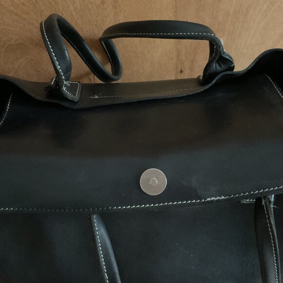 Last Chance VTG Roots Black Leather Short Handle Handbag with White Stitching - Picture 8 of 13